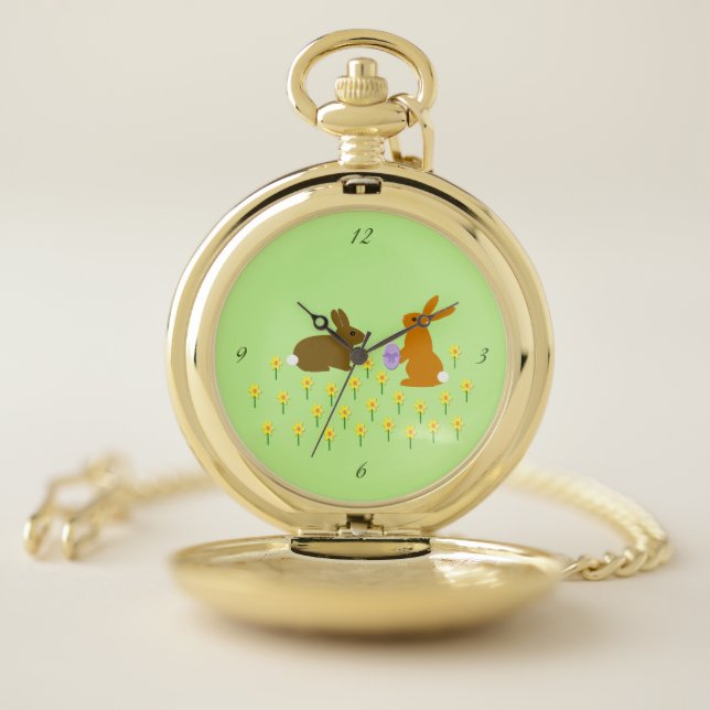 Cute Easter Bunnies and Daffodils Pocket Watch (Inside)