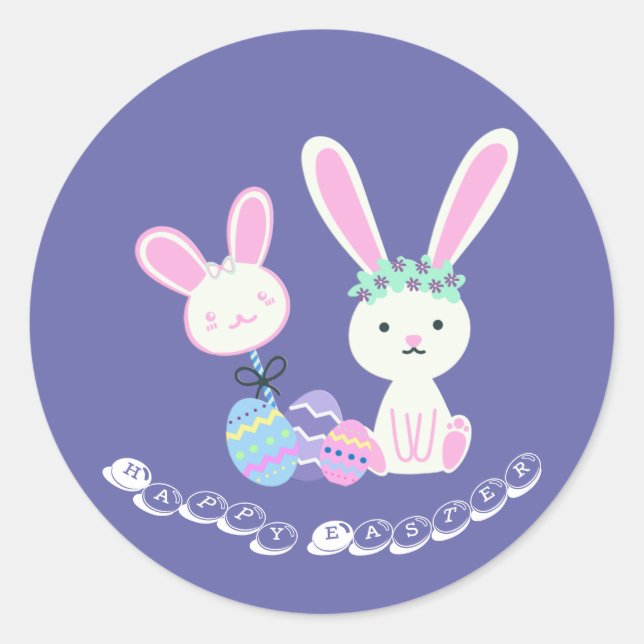 Cute Easter Bunnies and Eggs Illustration Classic Round Sticker (Front)