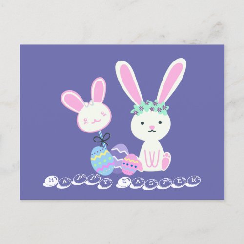 Cute Easter Bunnies and Eggs Illustration Holiday Postcard