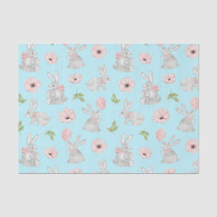 Cute Easter Bunnies and Spring Flowers Blue  Tissue Paper