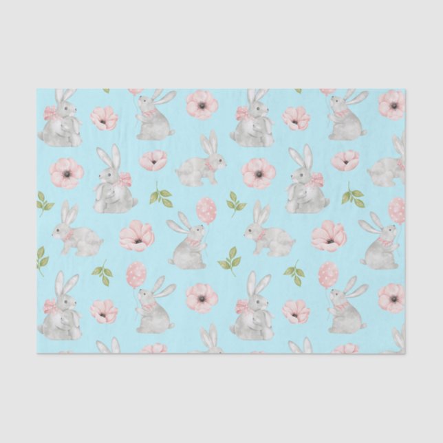 Cute Easter Bunnies and Spring Flowers Blue  Tissue Paper (Front)