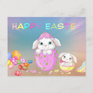 Cute Easter Bunnies,Colorful Easter Eggs,Easter Postcard