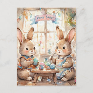 Cute Easter Bunnies Coloring Eggs  Holiday Postcard