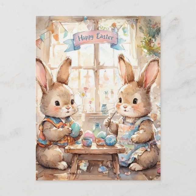 Cute Easter Bunnies Coloring Eggs  Holiday Postcard (Front)