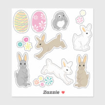 Cute Easter bunnies, decorated eggs and flowers