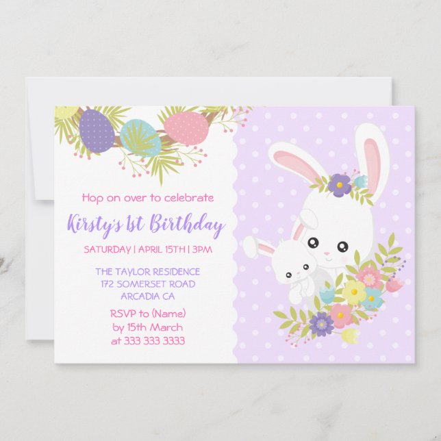Cute Easter Bunnies Eggs Flowers Birthday Party In Invitation (Front)
