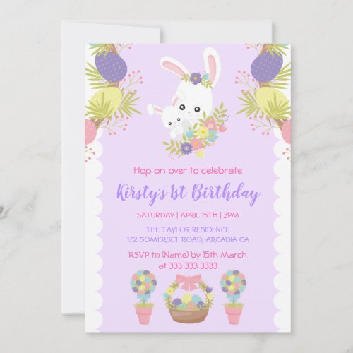 Cute Easter Bunnies Eggs Flowers Birthday Party Invitation
