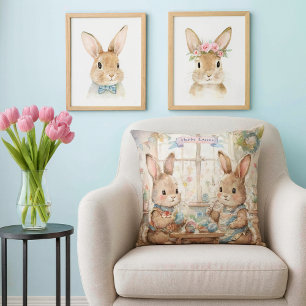 Cute Easter Bunnies & Eggs  Throw Pillow