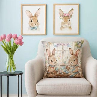 Cute Easter Bunnies & Eggs  Throw Pillow