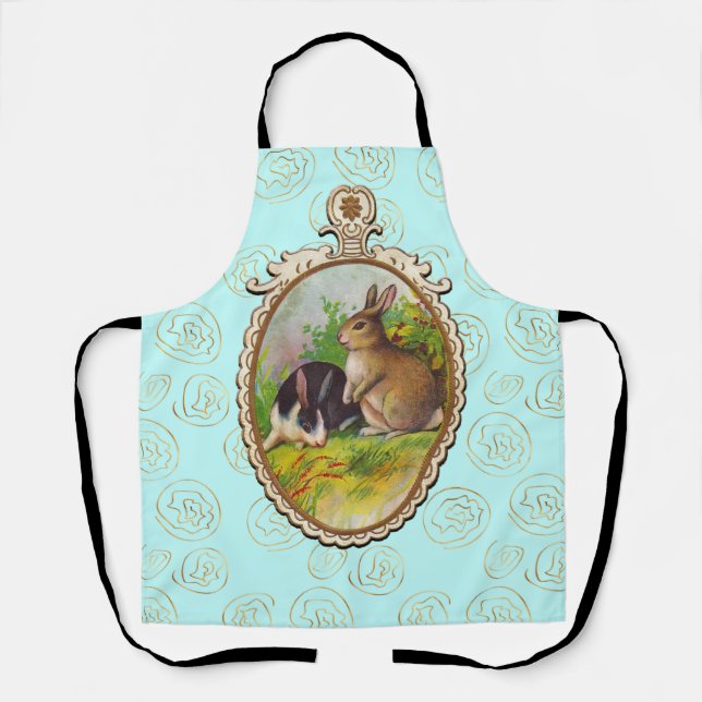 Cute Easter Bunnies Gold Flowers Turquoise Apron (Front)