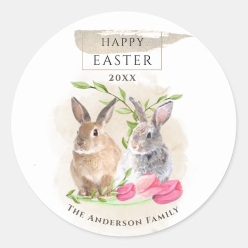 Cute Easter Bunnies  Happy Easter Watercolor Art Classic Round Sticker