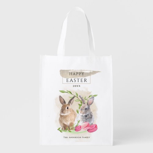 Cute Easter Bunnies  Happy Easter Watercolor Art Grocery Bag