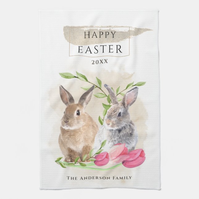 Cute Easter Bunnies | Happy Easter Watercolor Art Kitchen Towel (Vertical)