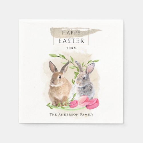 Cute Easter Bunnies  Happy Easter Watercolor Art Napkins