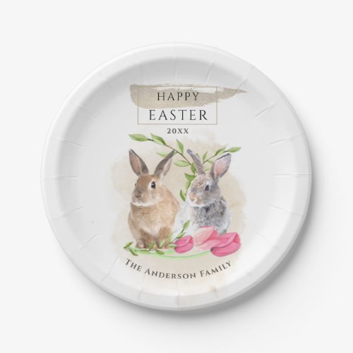 Cute Easter Bunnies  Happy Easter Watercolor Art Paper Plates