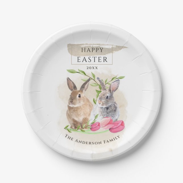 Cute Easter Bunnies | Happy Easter Watercolor Art Paper Plates (Front)