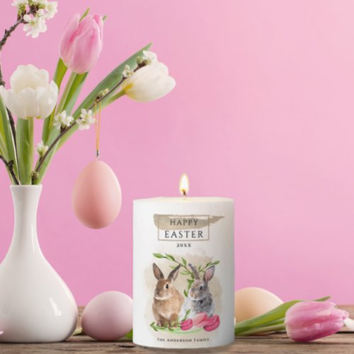 Cute Easter Bunnies  Happy Easter Watercolor Art Pillar Candle