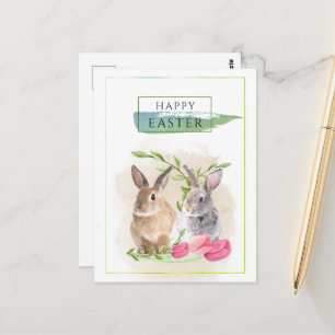 Cute Easter Bunnies Happy Easter Watercolor Art Postcard