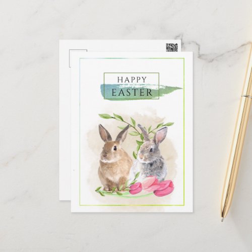 Cute Easter Bunnies  Happy Easter Watercolor Art Postcard