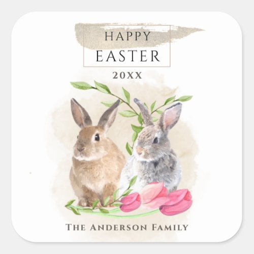 Cute Easter Bunnies  Happy Easter Watercolor Art Square Sticker