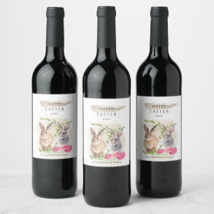 Cute Easter Bunnies   Happy Easter Watercolor Art Wine Label