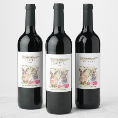 Cute Easter Bunnies  Happy Easter Watercolor Art Wine Label