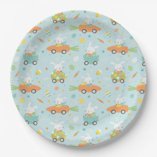 Cute Easter bunnies in carrot and egg cars mint Paper Plates