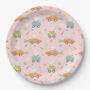 Cute Easter bunnies in carrot and egg cars pink Paper Plates
