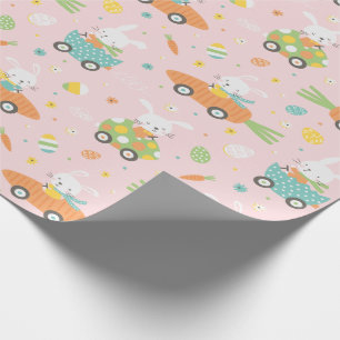 Cute Easter bunnies in carrot and egg cars Wrappin Wrapping Paper