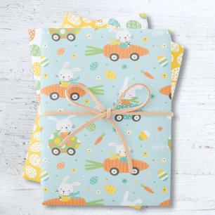 Cute Easter bunnies in carrot and egg cars Wrapping Paper Sheets