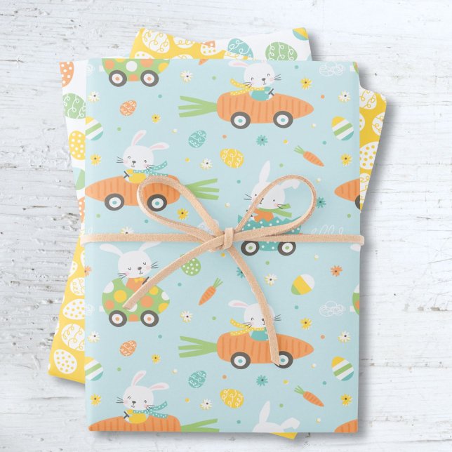 Cute Easter bunnies in carrot and egg cars Wrapping Paper Sheets (Creator Uploaded)