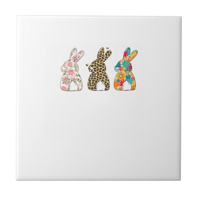 Cute Easter Bunnies Leopard Bunny and Flower Bunni Ceramic Tile (Front)