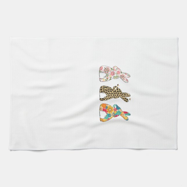 Cute Easter Bunnies Leopard Bunny and Flower Bunni Kitchen Towel (Horizontal)