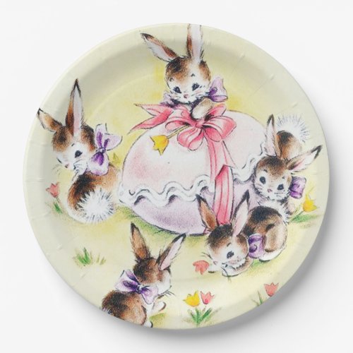 Cute Easter bunnies retro vintage party Paper Plates