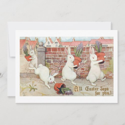 Cute Easter Bunnies Stealing Potted Hyacinths Holiday Card