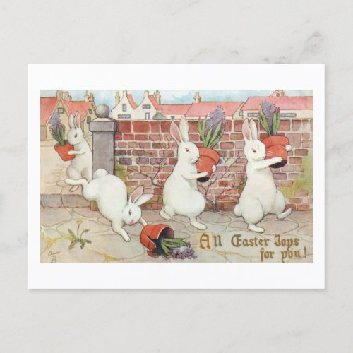 Cute Easter Bunnies Stealing Potted Hyacinths Holiday Postcard
