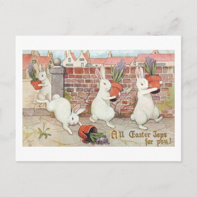 Cute Easter Bunnies Stealing Potted Hyacinths Holiday Postcard (Front)