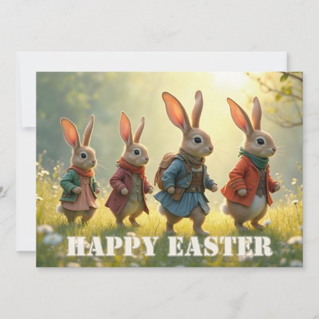 Cute Easter Bunnies Walking in Spring Meadow (Front)