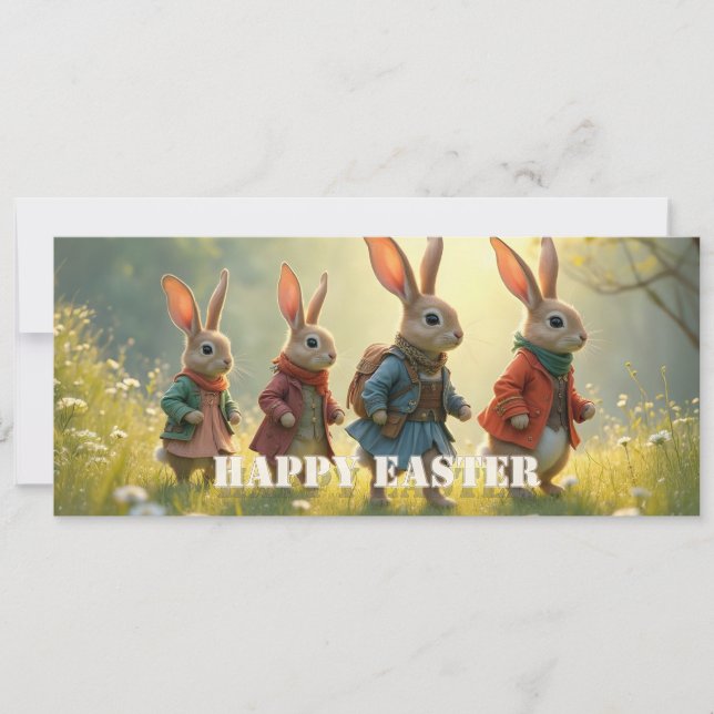 Cute Easter Bunnies Walking in Spring Meadow (Front)