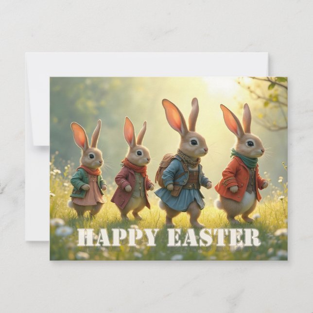 Cute Easter Bunnies Walking in Spring Meadow (Front)