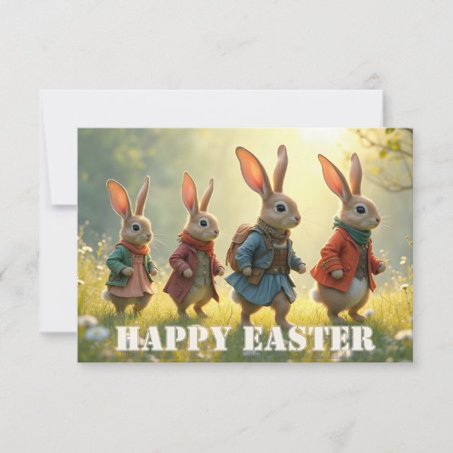 Cute Easter Bunnies Walking in Spring Meadow (Front)
