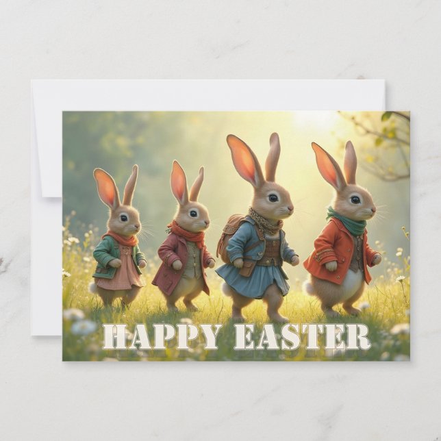 Cute Easter Bunnies Walking in Spring Meadow (Front)