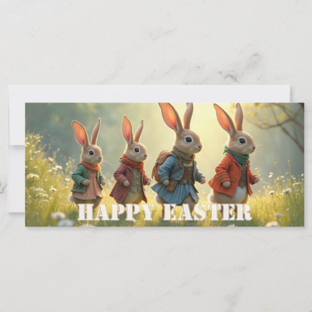 Cute Easter Bunnies Walking in Spring Meadow (Front)
