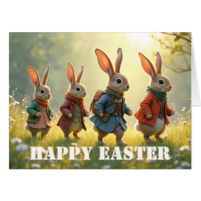 Cute Easter Bunnies Walking in Spring Meadow Card (Front Horizontal)