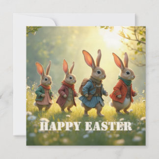 Cute Easter Bunnies Walking in Spring Meadow Note Card