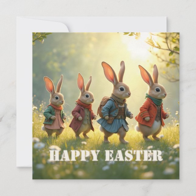Cute Easter Bunnies Walking in Spring Meadow Note Card (Front)