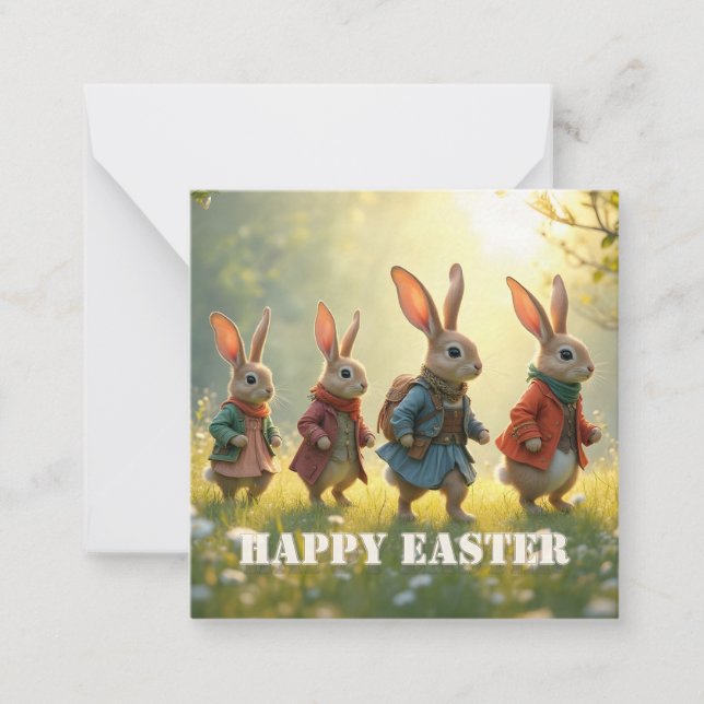 Cute Easter Bunnies Walking in Spring Meadow Note Card (Front)
