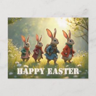 Cute Easter Bunnies Walking in Spring Meadow Postcard