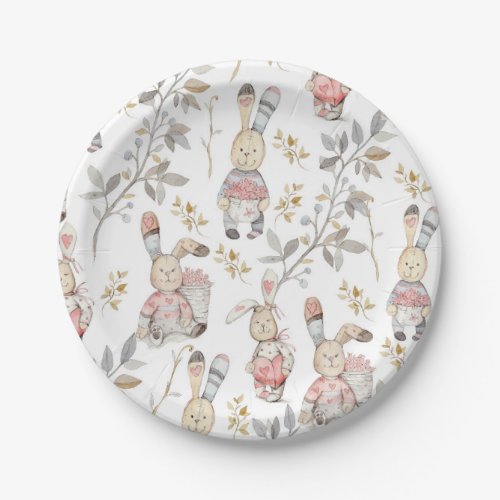 Cute Easter Bunnies Watercolor Pattern Paper Plates