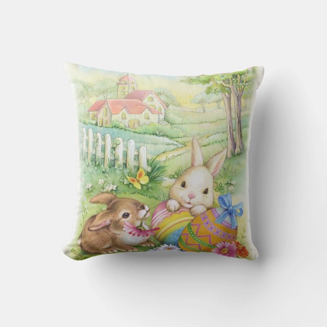 Cute Easter bunnies with eggs and church Throw Pillow (Front)